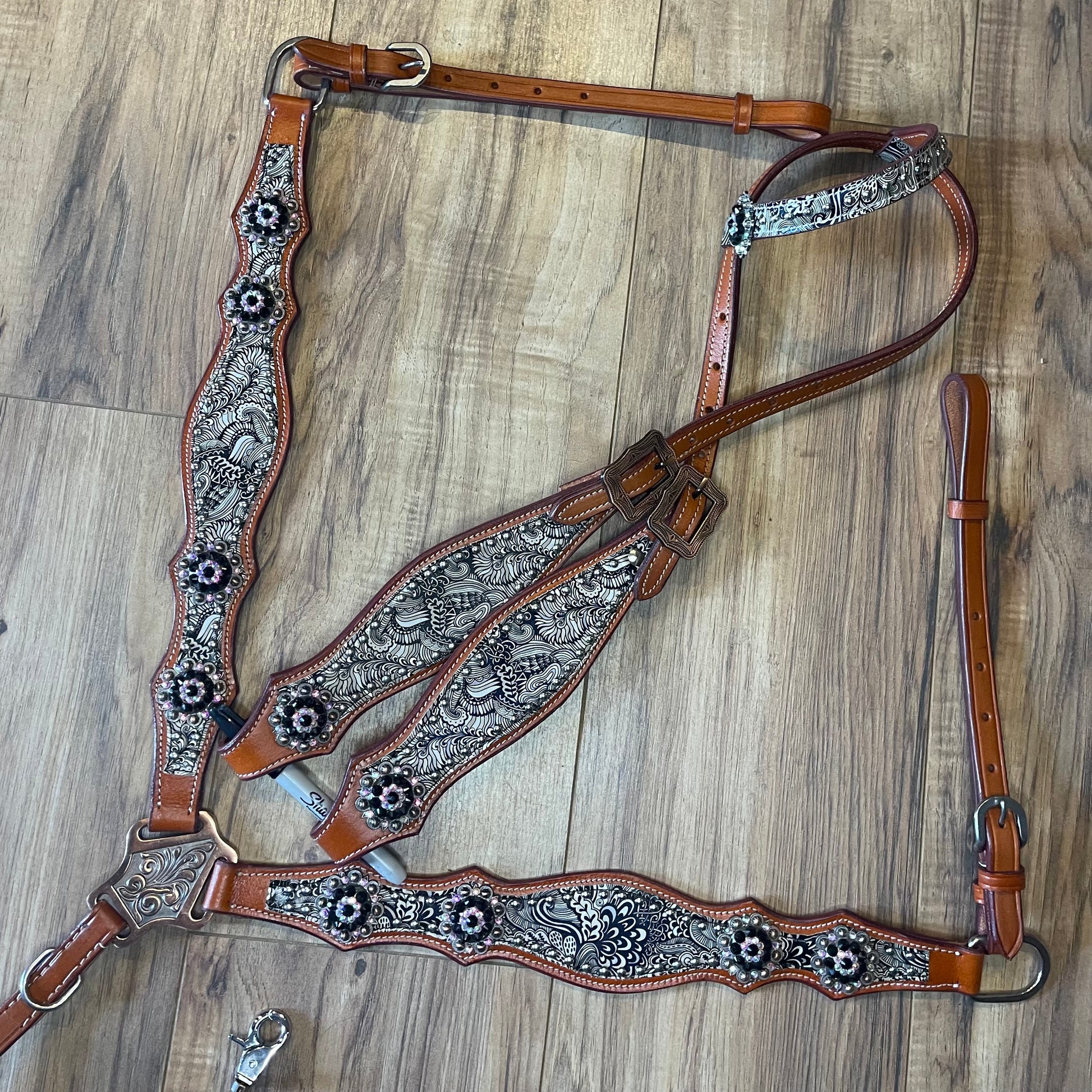 Pre Order Black and white on brown western tack set
