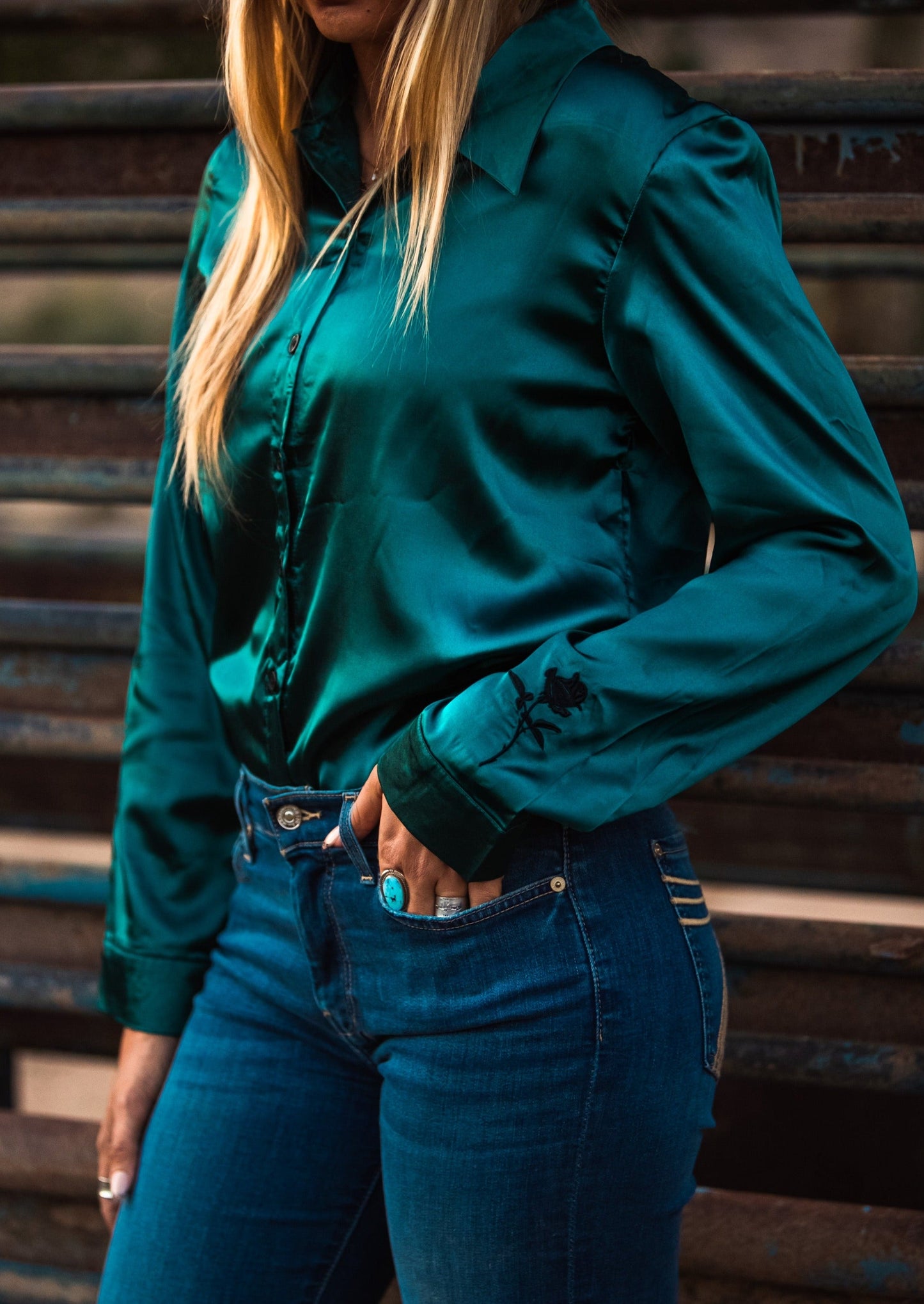 SOUTHWEST EMERALD SATIN RODEO SHIRT