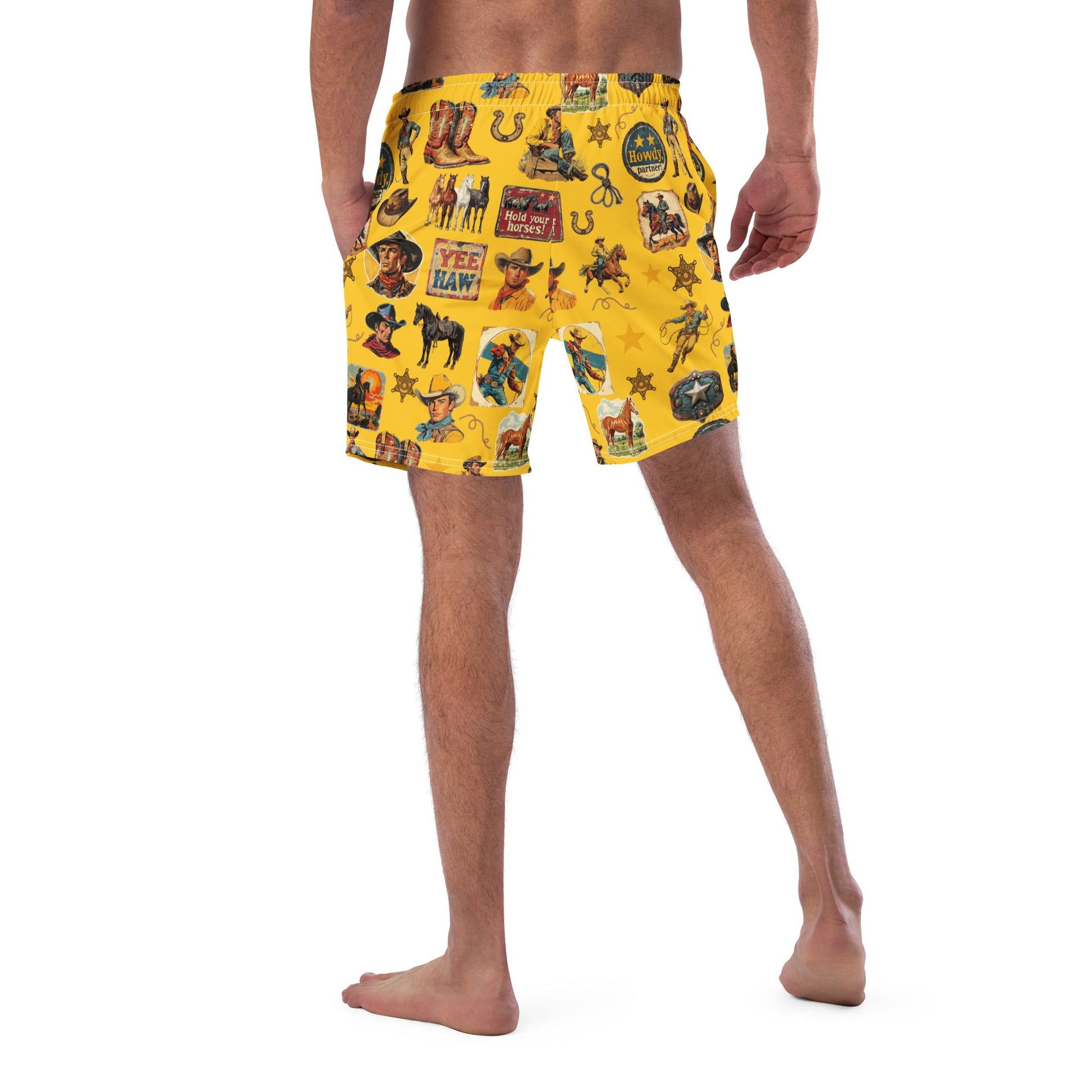Yeehaw Vintage Cowboy Collage Mustard Swim Trunks