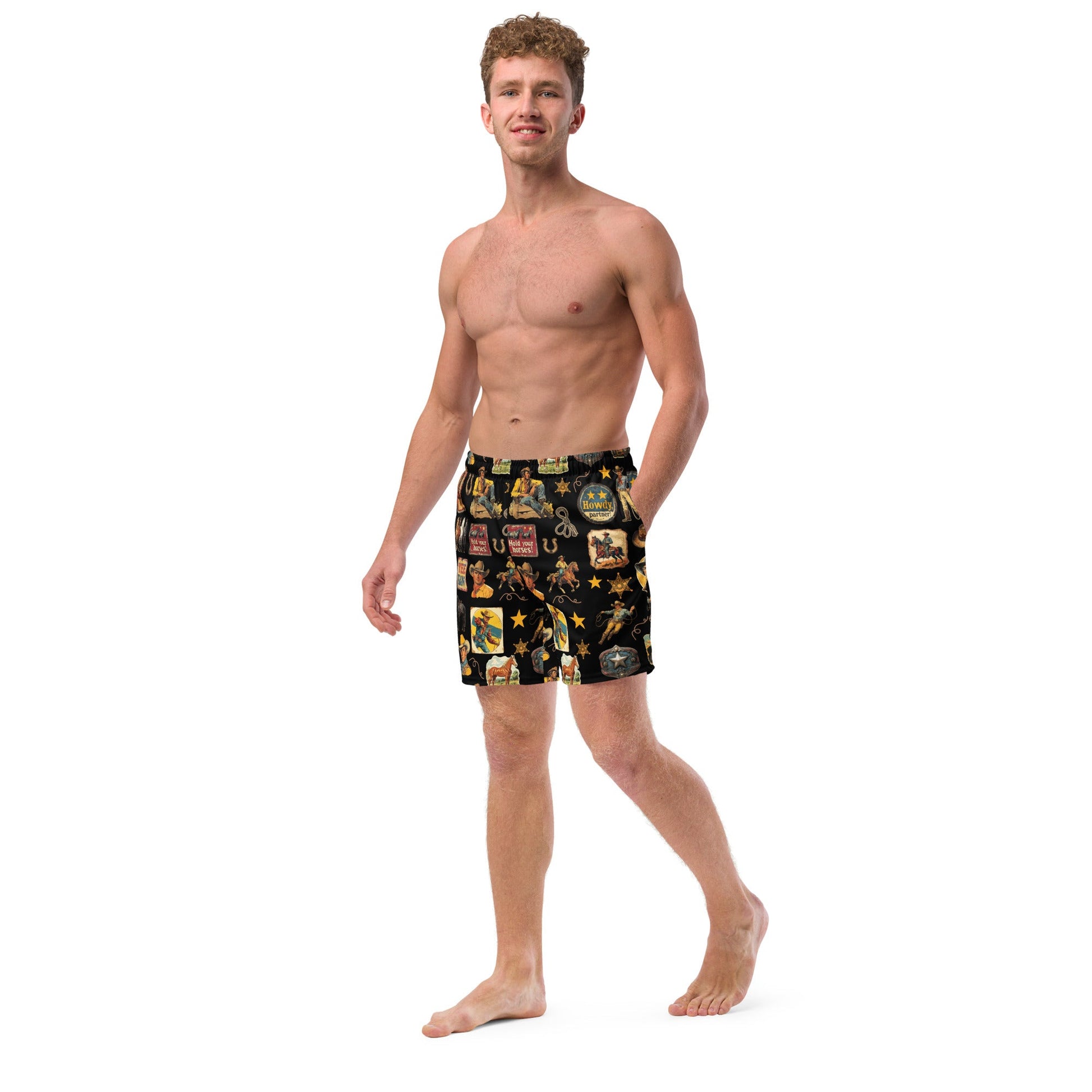 YEEHAW Vintage Cowboy Collage Western Swim Trunks Shorts