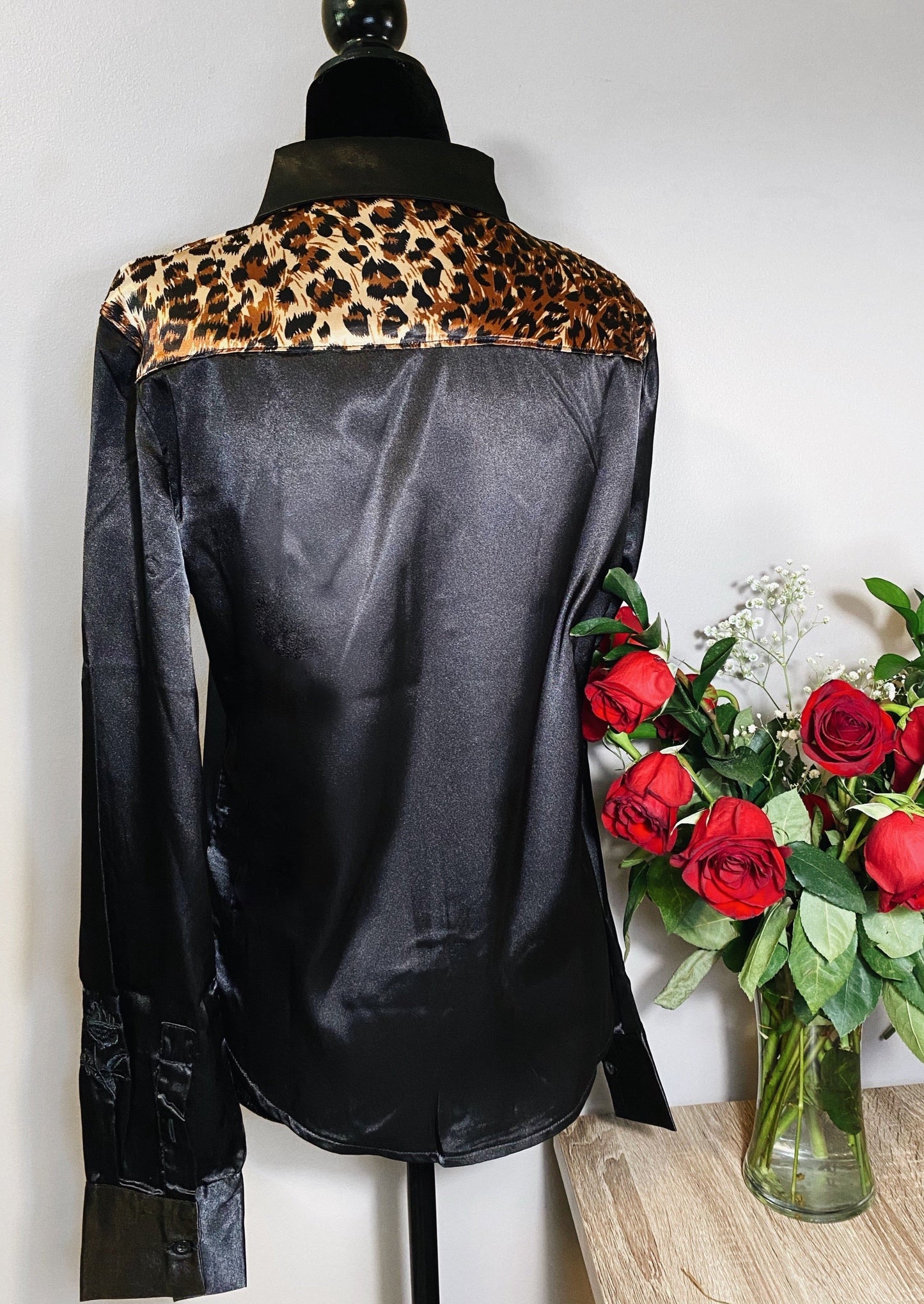 LEOPARD BLACK SATIN RODEO SHIRT