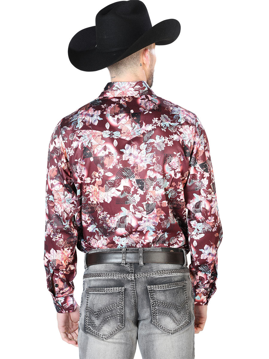 Wine And Beige Flower Print Casual Long Sleeve Shirt 43936