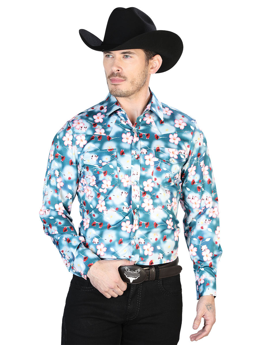 Aqua Flowers Casual Long Sleeve Shirt 43943