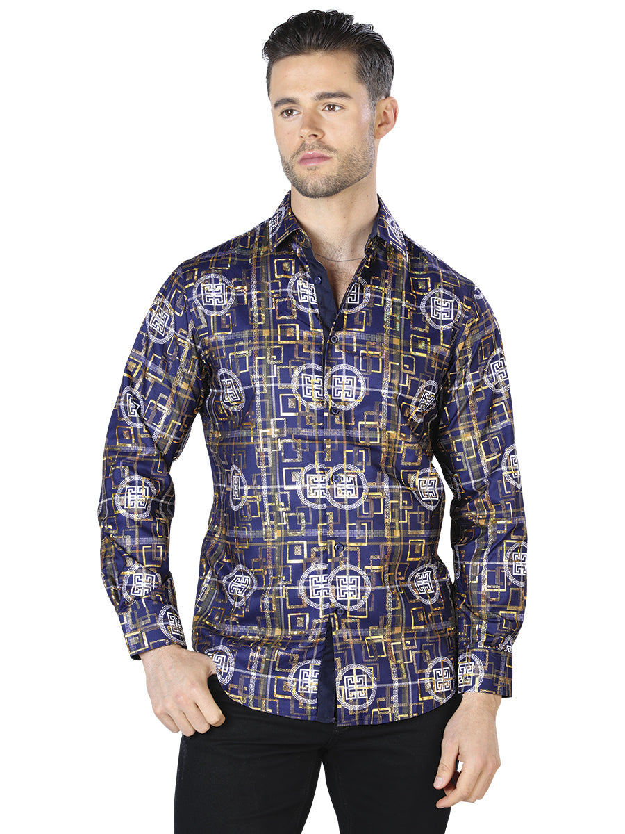 Navy And Gold Casual Long Sleeve Shirt 44014