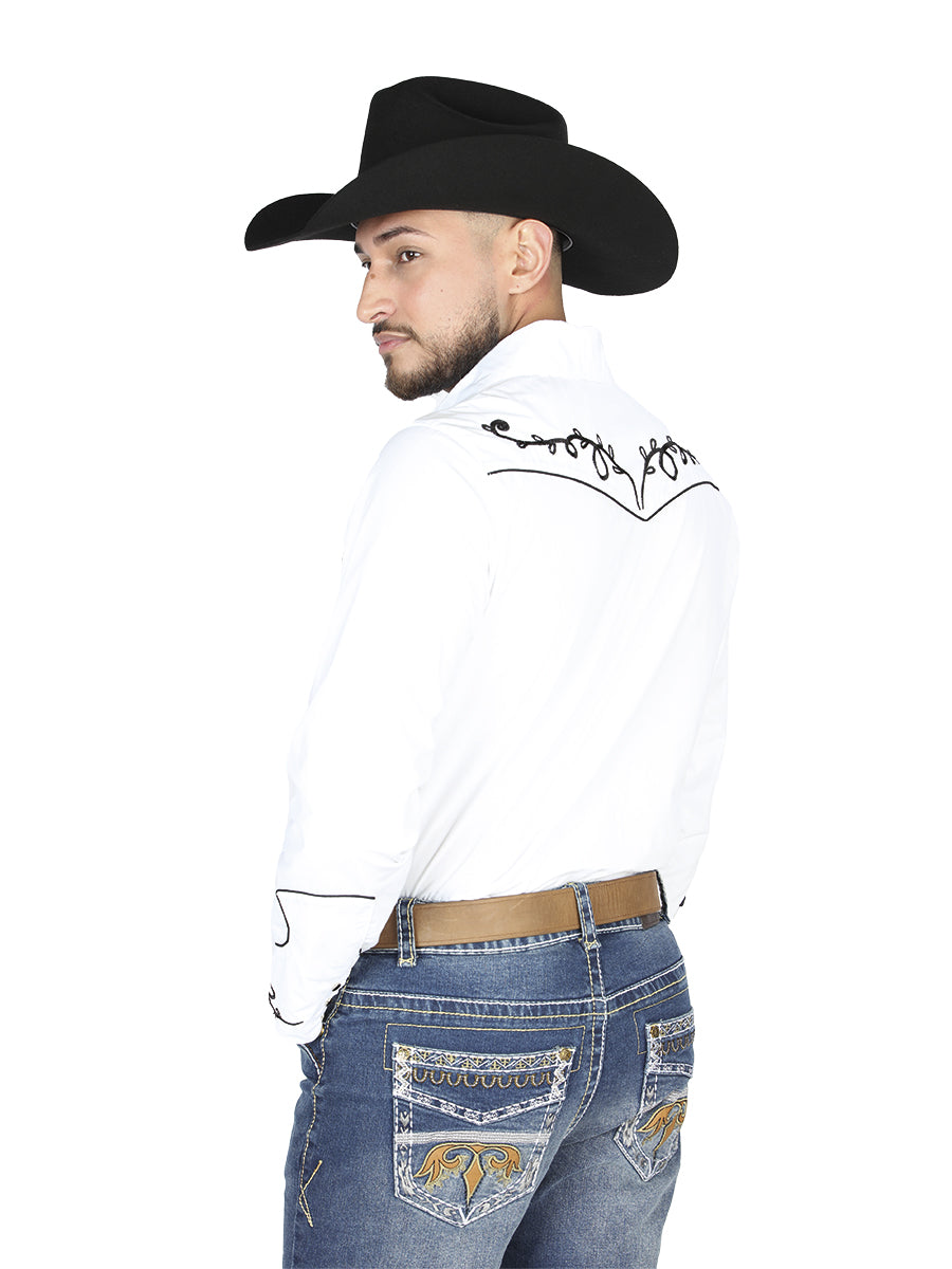 El General Men's Traditional Embroidered Western Charro Shirt - White/Black 44300