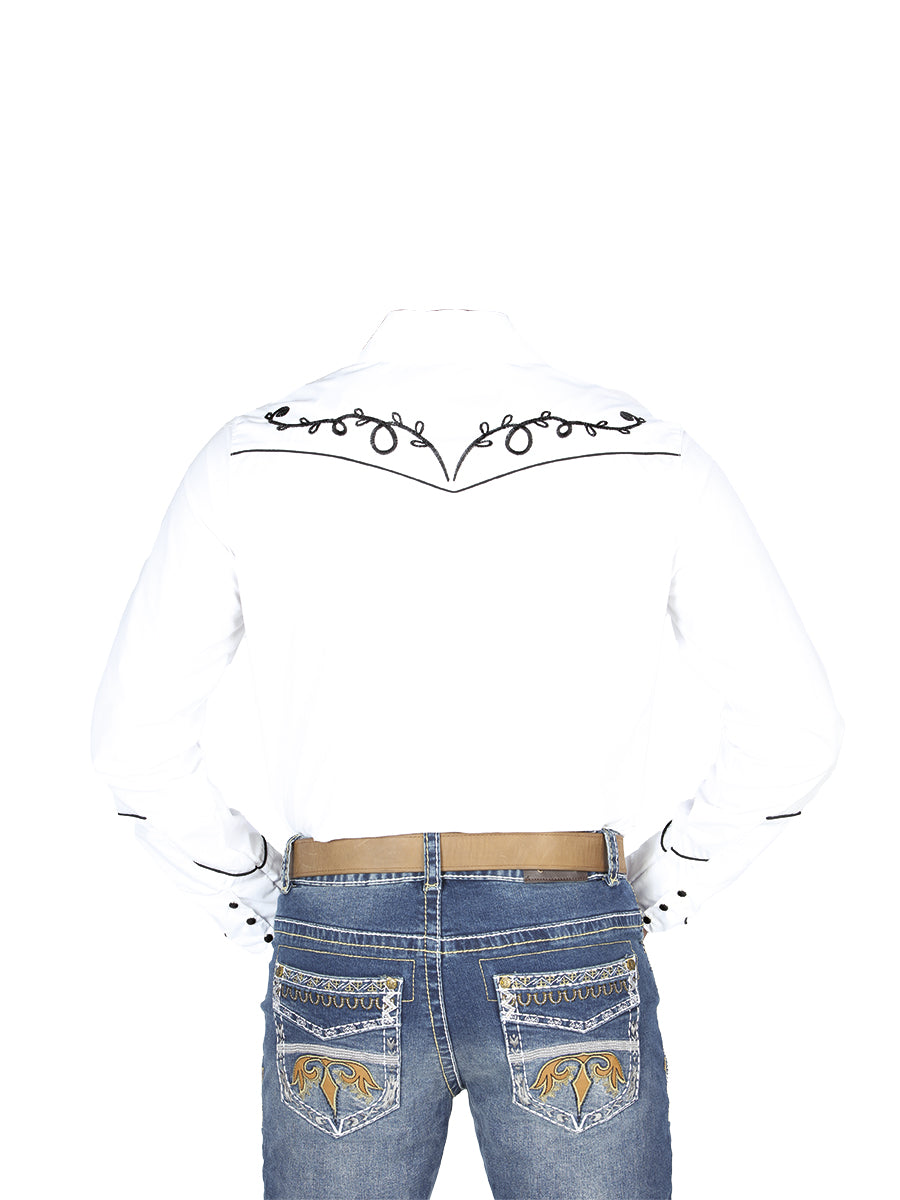 El General Men's Traditional Embroidered Western Charro Shirt - White/Black 44300