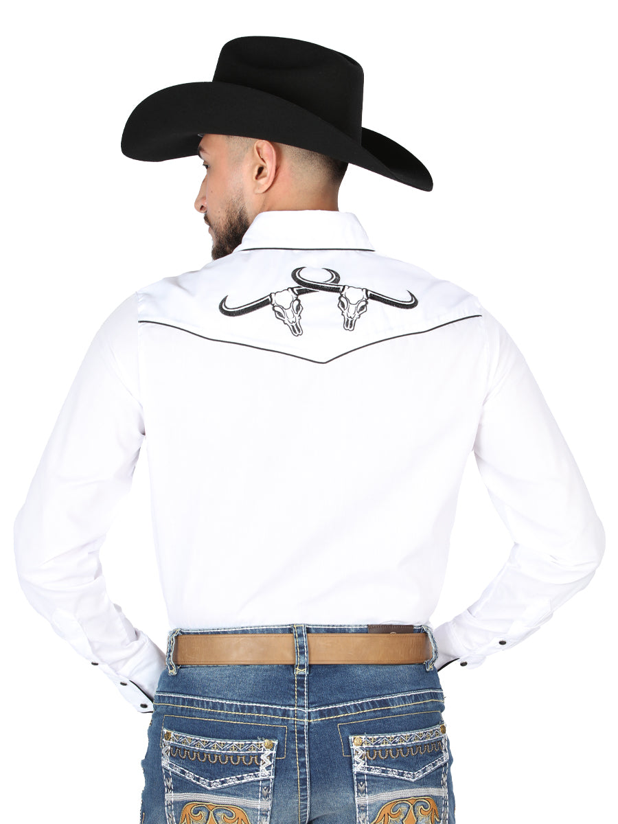 El General Men's Traditional Embroidered Western Charro Shirt - White/Black 44302