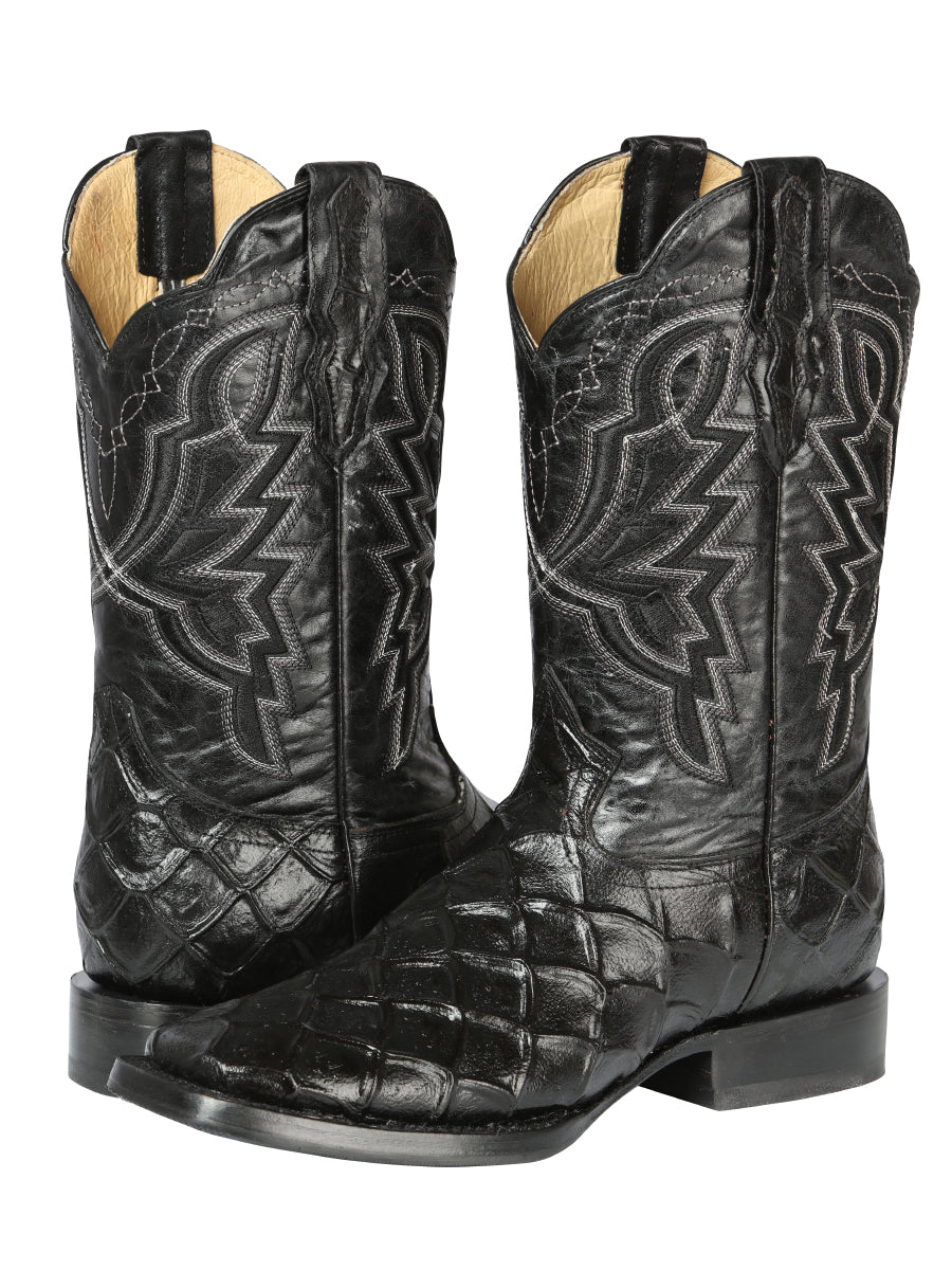 El General Men’s Leather Cowboy Boot - Made in Mexico - Embossed Pirarucu Print - Black 44663