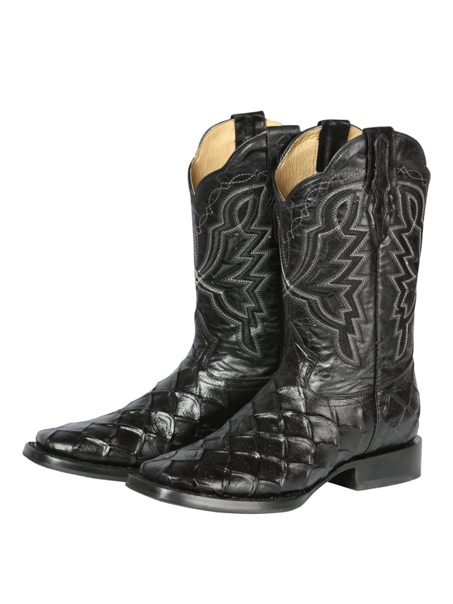 El General Men’s Leather Cowboy Boot - Made in Mexico - Embossed Pirarucu Print - Black 44663