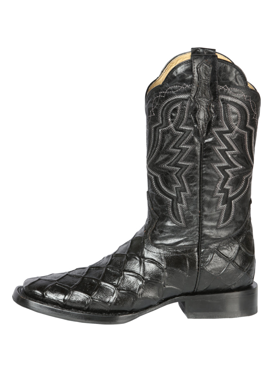 El General Men’s Leather Cowboy Boot - Made in Mexico - Embossed Pirarucu Print - Black 44663