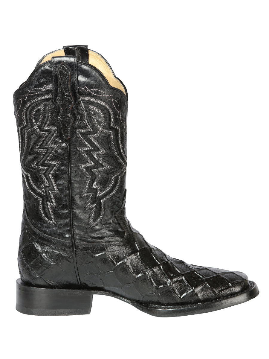 El General Men’s Leather Cowboy Boot - Made in Mexico - Embossed Pirarucu Print - Black 44663
