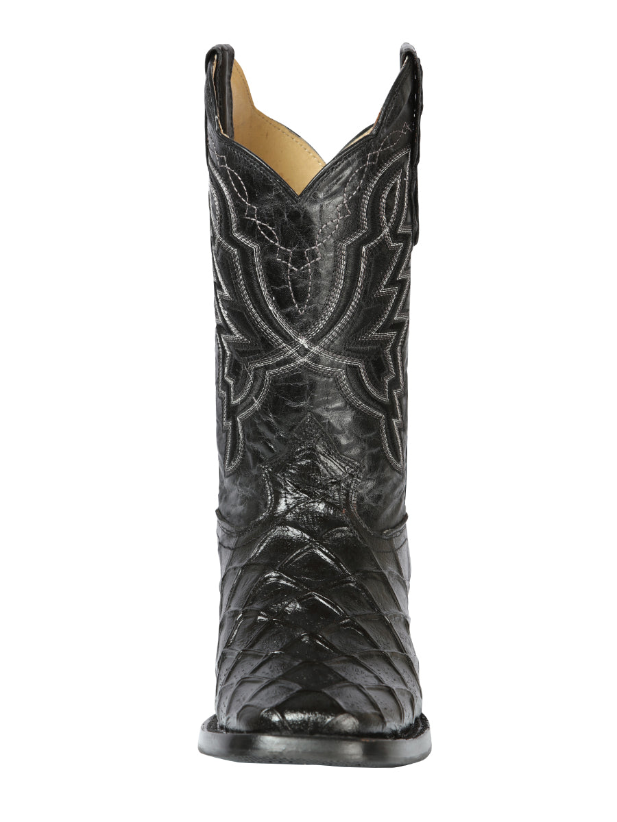 El General Men’s Leather Cowboy Boot - Made in Mexico - Embossed Pirarucu Print - Black 44663