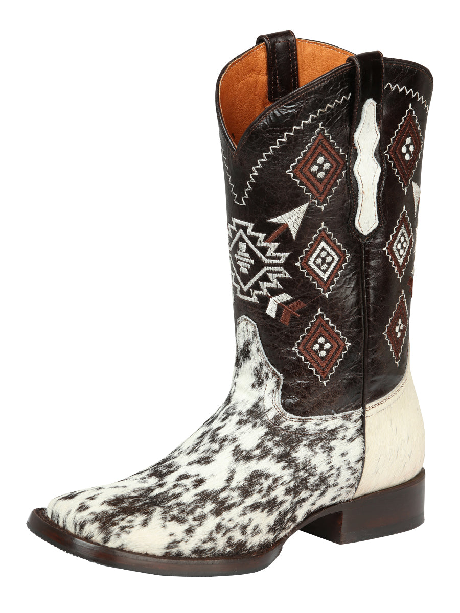 El General Men’s Leather Cow Print Boots - Made in Mexico - White & Brown Cowhide 44862