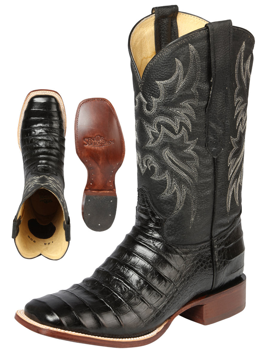 El General Men’s Leather Cowboy Boot - Made in Mexico - Embossed Caiman Belly Print  - Black 44938