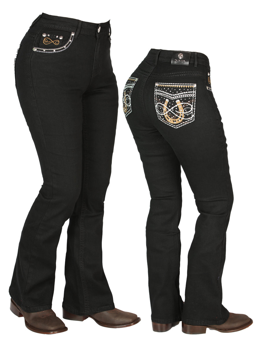 Women's Black Embroidered Horseshoe Bootcut Jeans 44960
