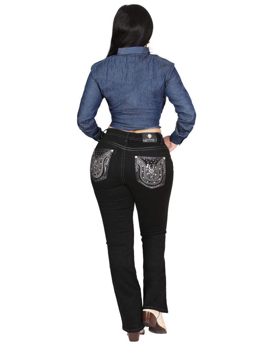 Women's Black Embroidered Horseshoe Bootcut Jeans 45028