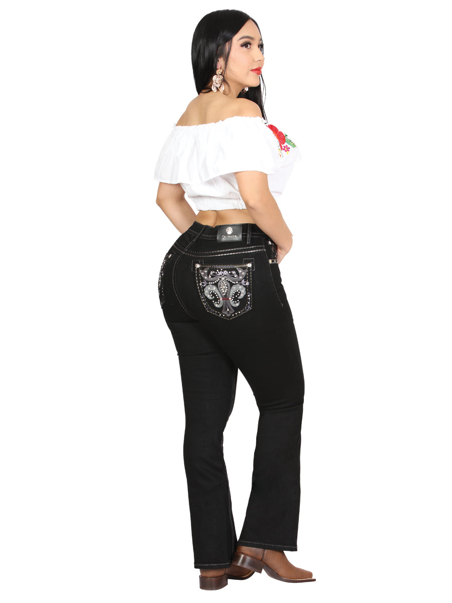 Women's Black Embroidered Rhinestones Bootcut Jeans 45030