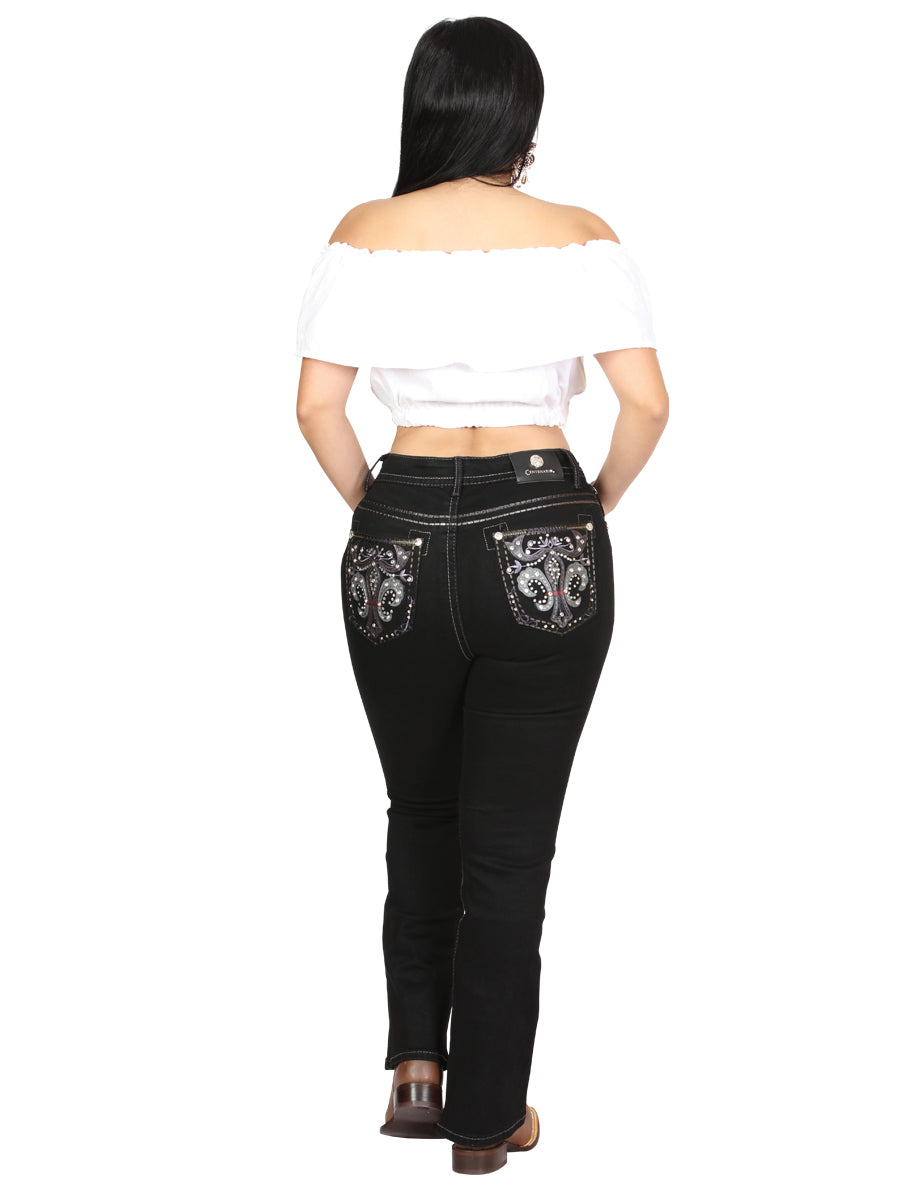 Women's Black Embroidered Rhinestones Bootcut Jeans 45030
