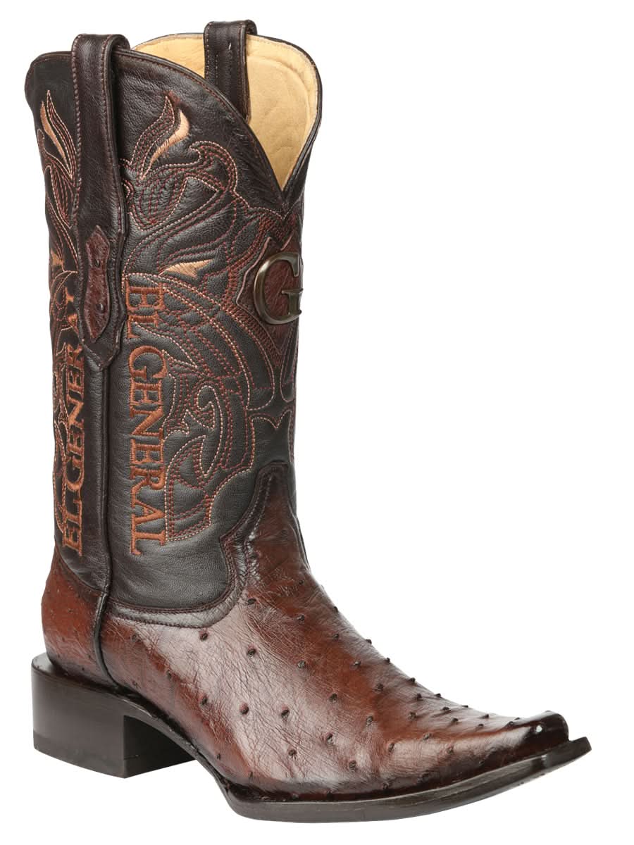El General Men's Exotic Ostrich Leather Cowboy Boots - Brown 45076