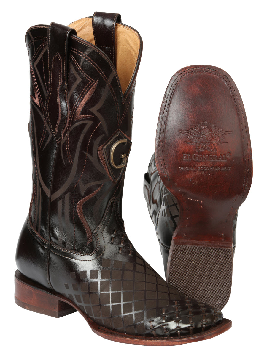 El General Men's Laser Woven Leather Cowboy - Made in Mexico - Brown 45173