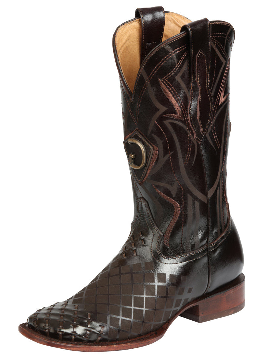 El General Men's Laser Woven Leather Cowboy - Made in Mexico - Brown 45173