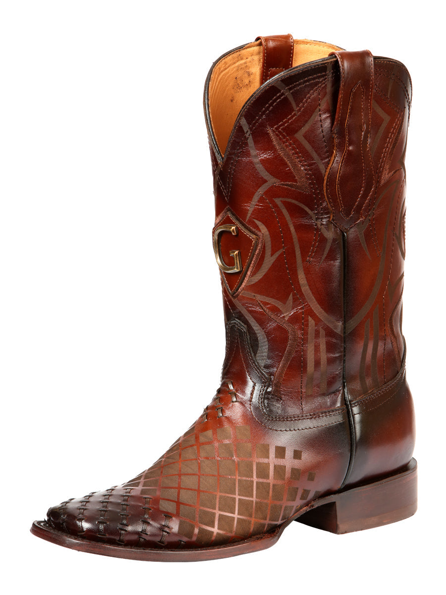 El General Men's Laser Woven Leather Cowboy Boot - Made in Mexico -Tobacco 45174