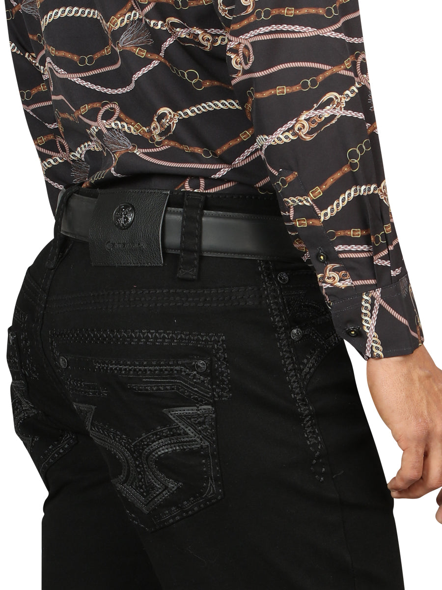 Centenario Men's Black Denim with Dark Embroidered Details 45312