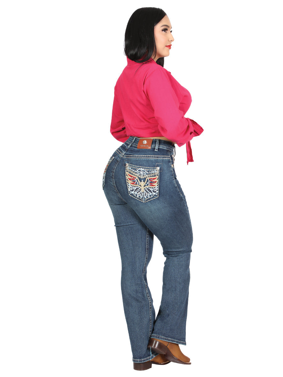 Women's Blue Wash Embroidered Eagle Bootcut Jeans 45324