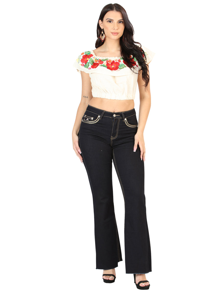 Women's Dark Blue Embroidered Pocket Bootcut Jeans 45544