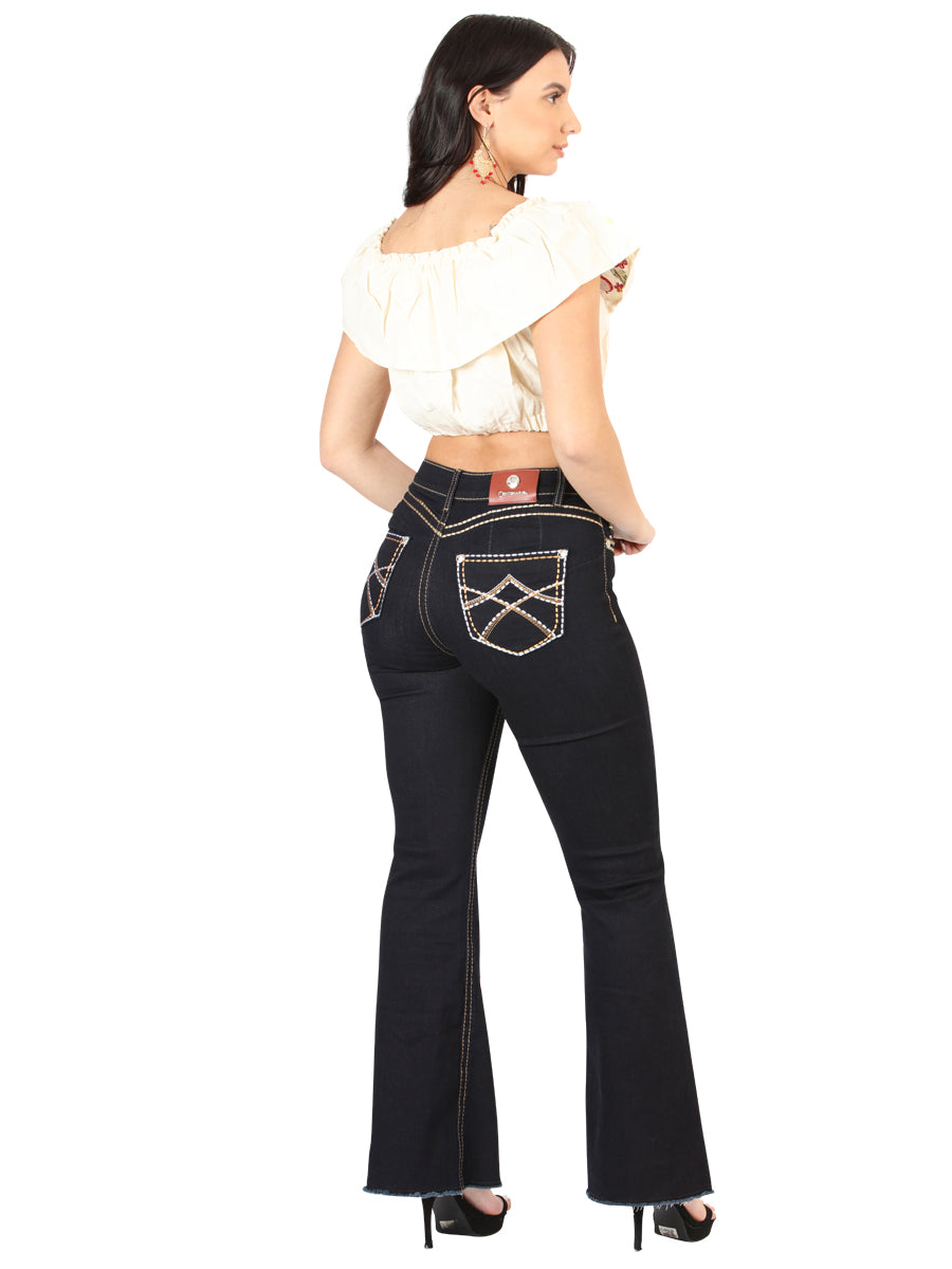 Women's Dark Blue Embroidered Pocket Bootcut Jeans 45544