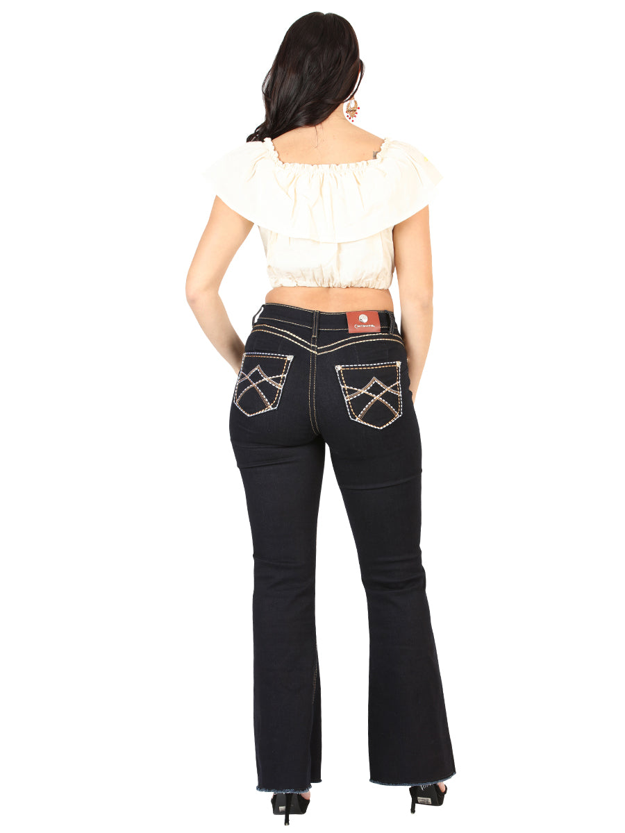 Women's Dark Blue Embroidered Pocket Bootcut Jeans 45544