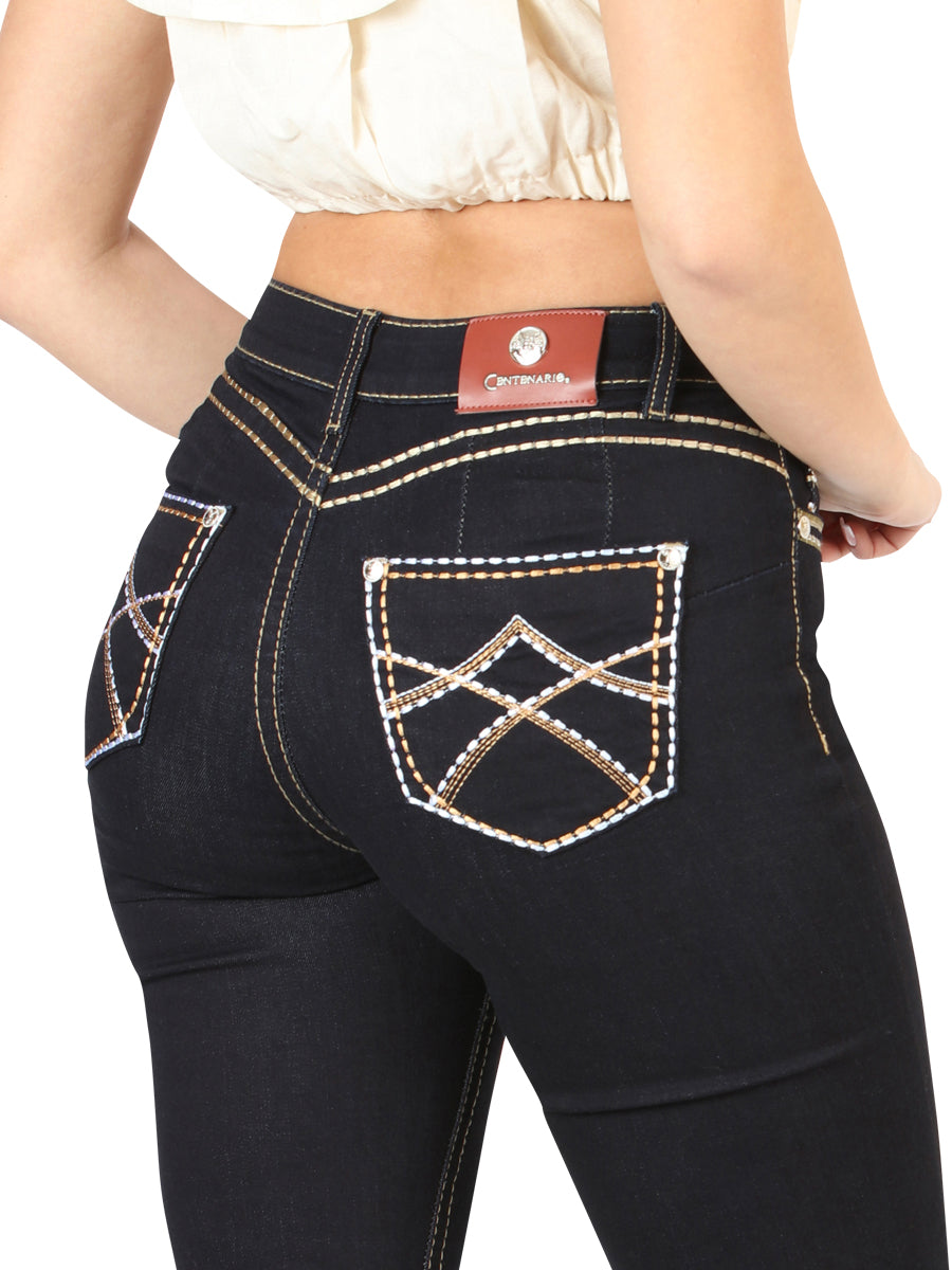 Women's Dark Blue Embroidered Pocket Bootcut Jeans 45544