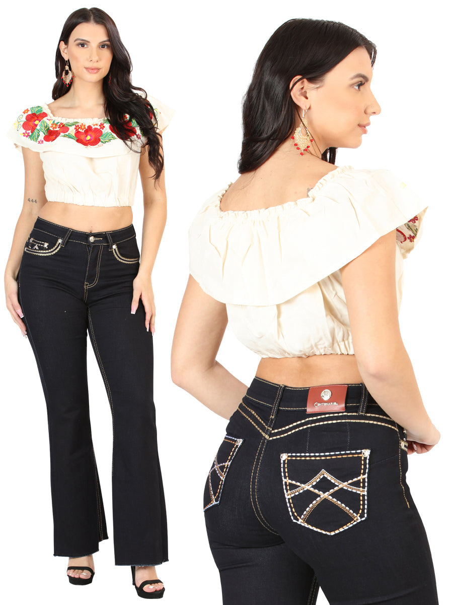 Women's Dark Blue Embroidered Pocket Bootcut Jeans 45544