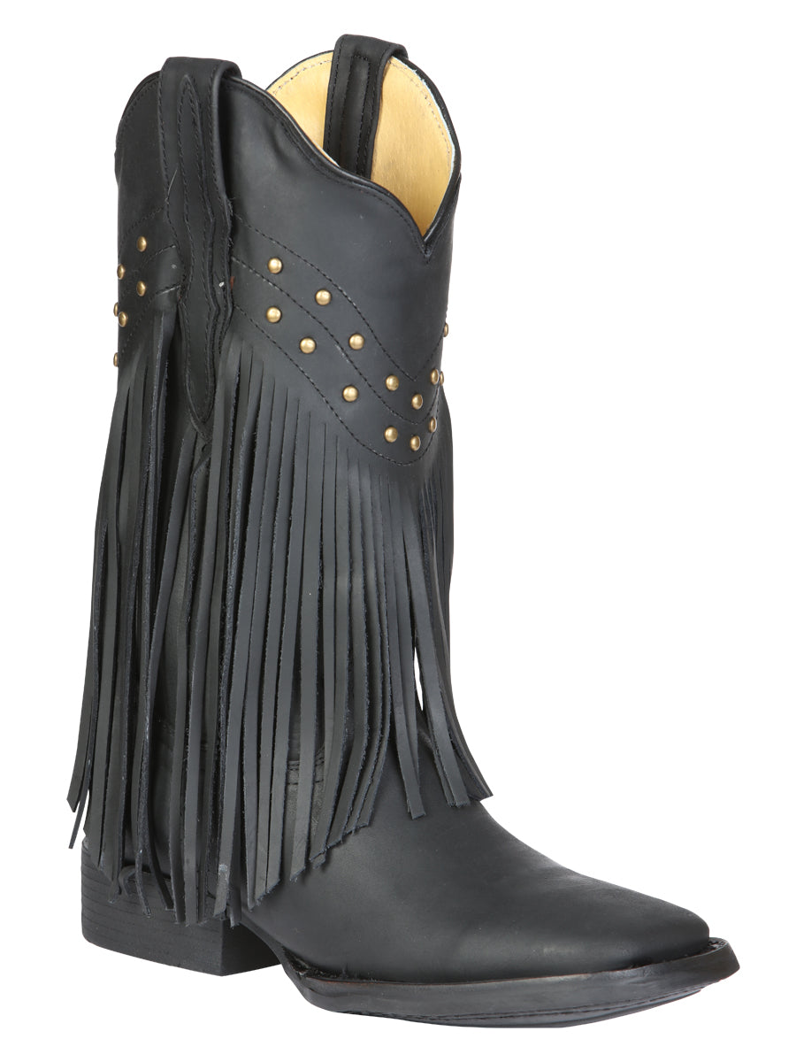 El General Women’s Leather Fringe Western Boots - Made in Mexico - Black 45798