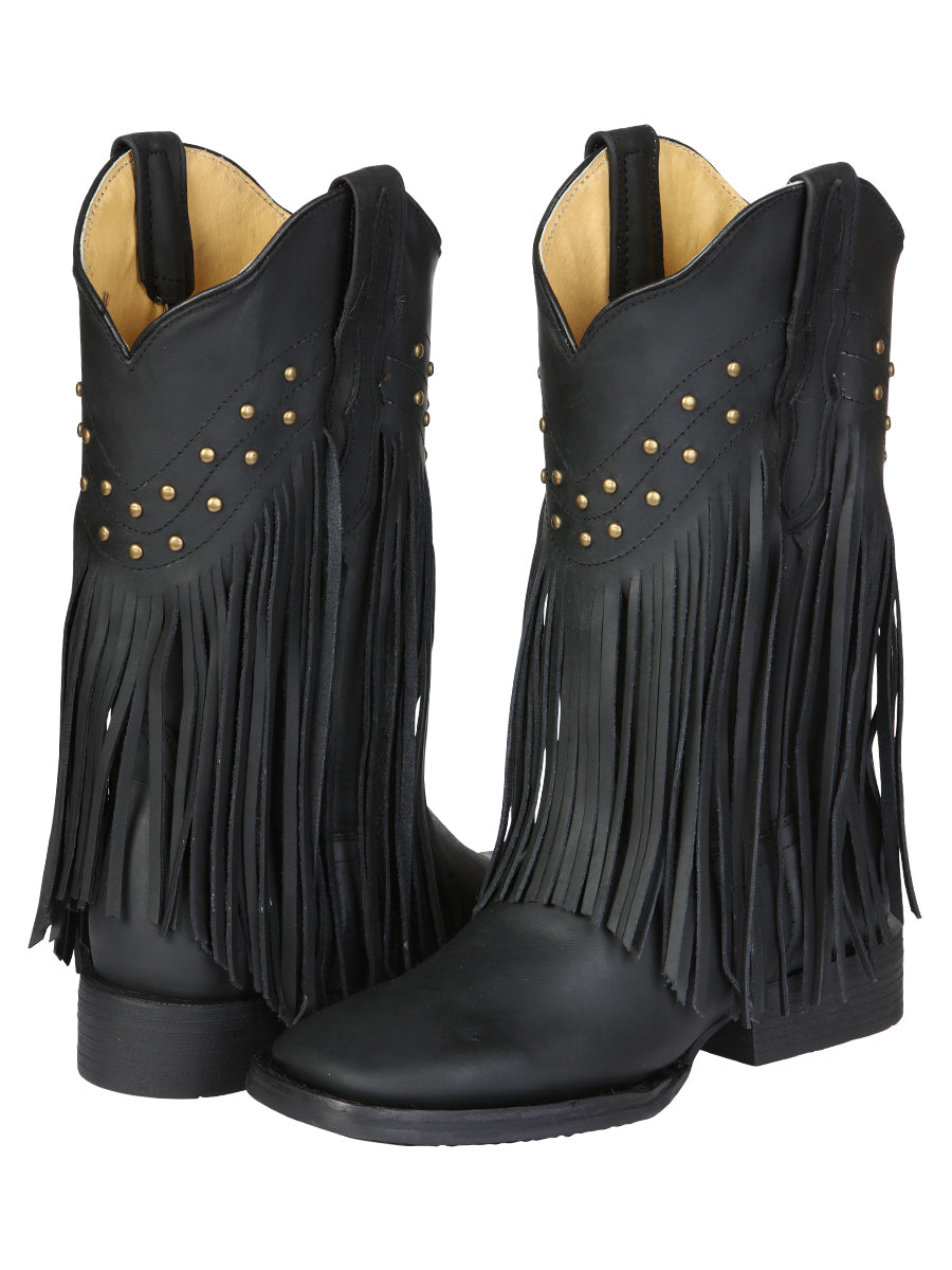 El General Women’s Leather Fringe Western Boots - Made in Mexico - Black 45798