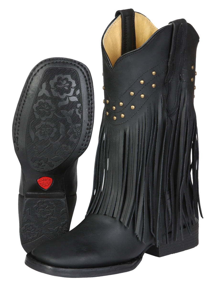 El General Women’s Leather Fringe Western Boots - Made in Mexico - Black 45798
