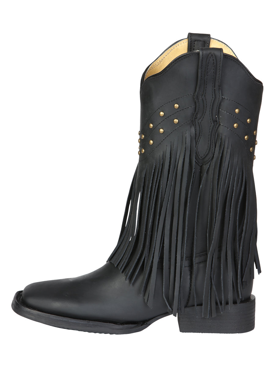 El General Women’s Leather Fringe Western Boots - Made in Mexico - Black 45798