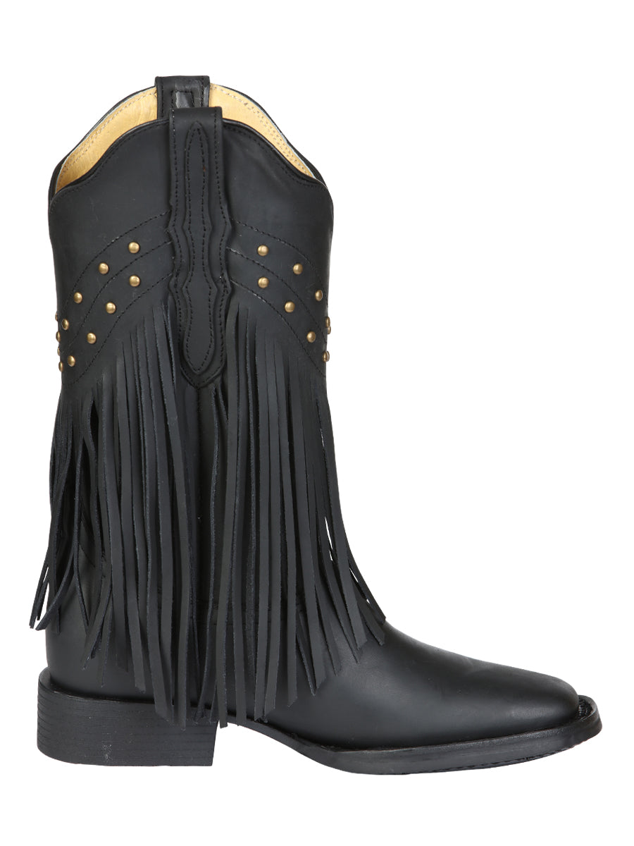 El General Women’s Leather Fringe Western Boots - Made in Mexico - Black 45798