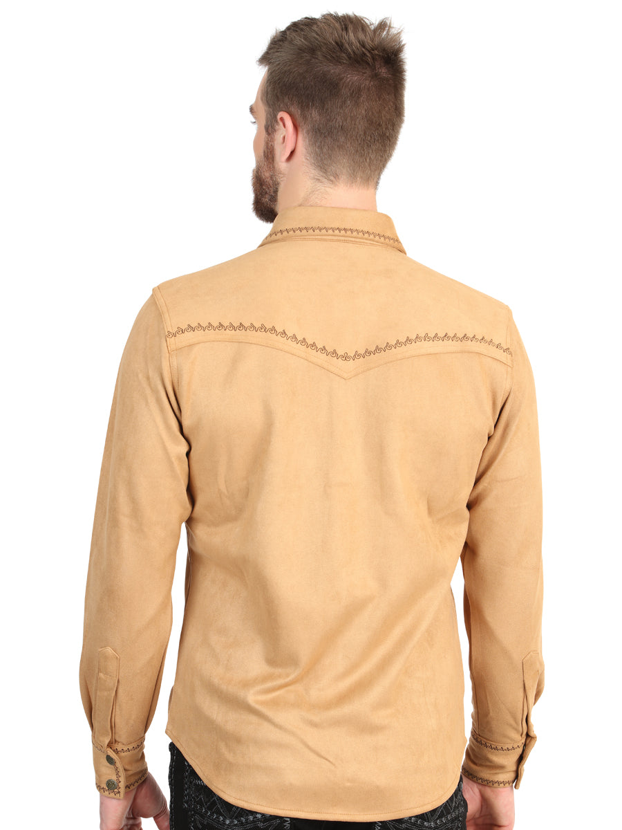 El General Men’s Suede Embroidered Snap Button Western Shirt - Khaki 45885