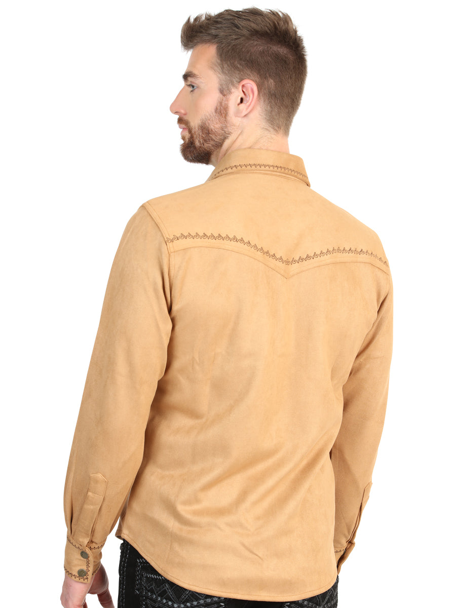 El General Men’s Suede Embroidered Snap Button Western Shirt - Khaki 45885