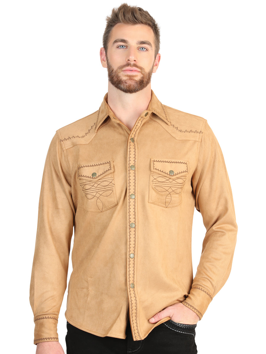El General Men’s Suede Embroidered Snap Button Western Shirt - Khaki 45885