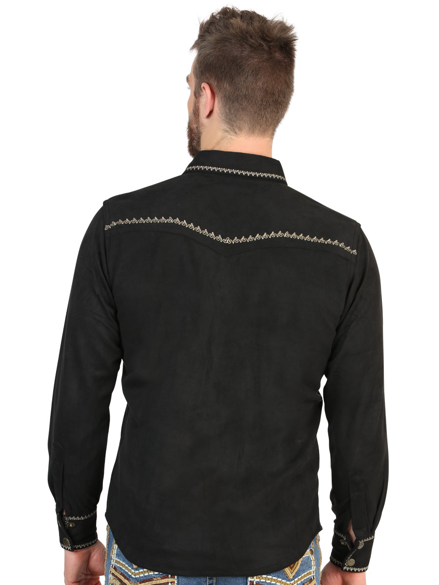 El General Men’s Suede Embroidered Snap Button Western Shirt - Black 45886