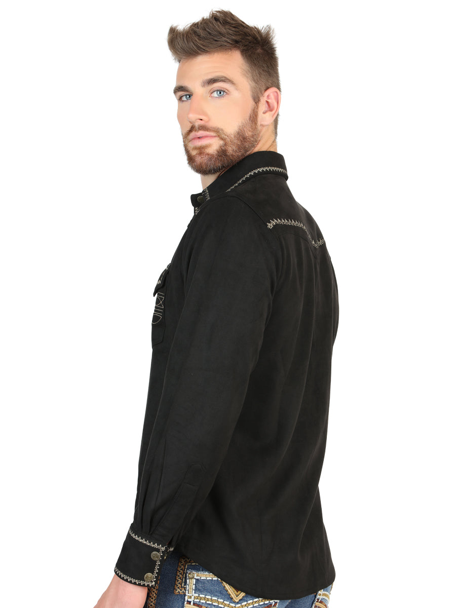 El General Men’s Suede Embroidered Snap Button Western Shirt - Black 45886