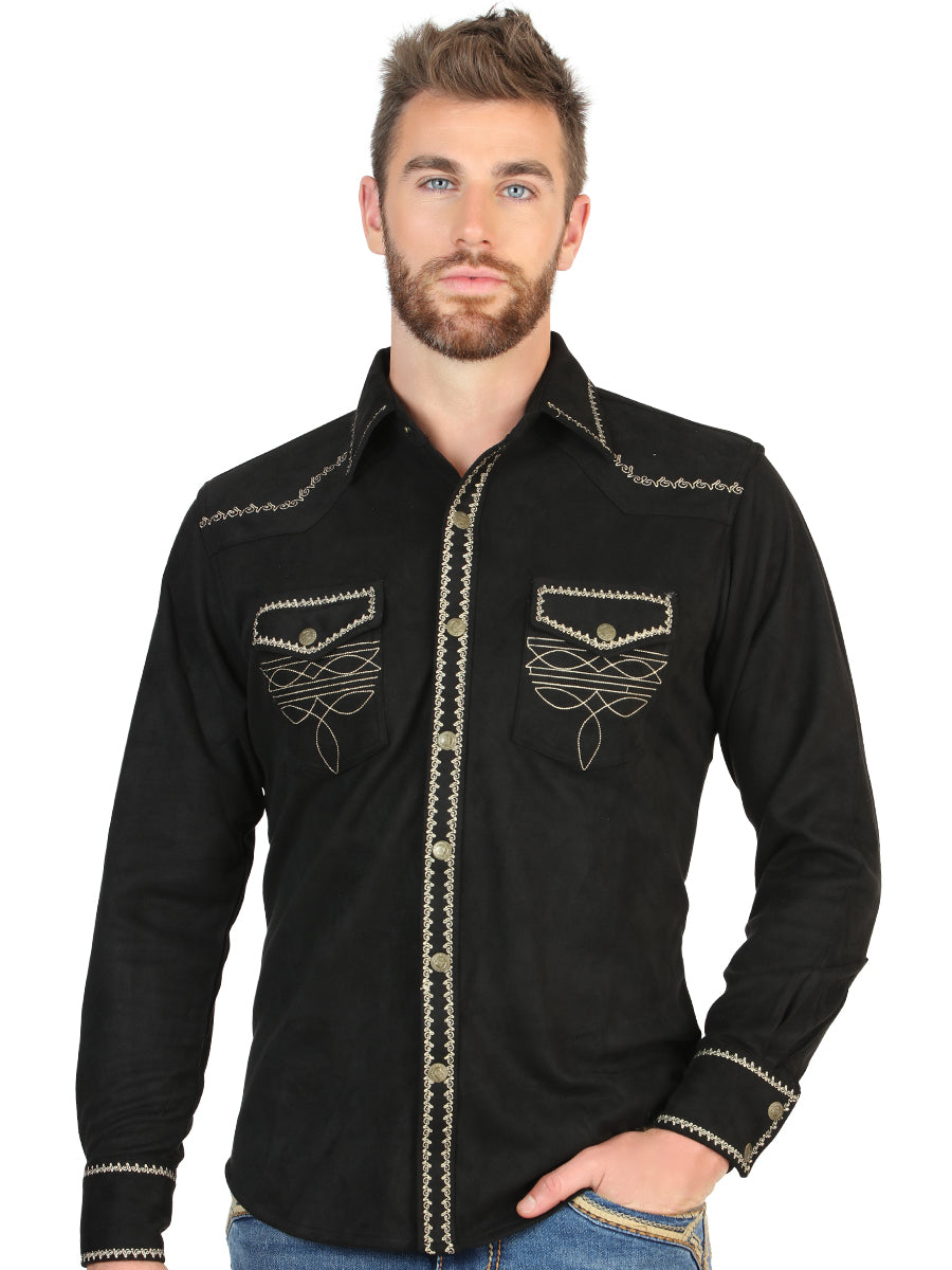 El General Men’s Suede Embroidered Snap Button Western Shirt - Black 45886