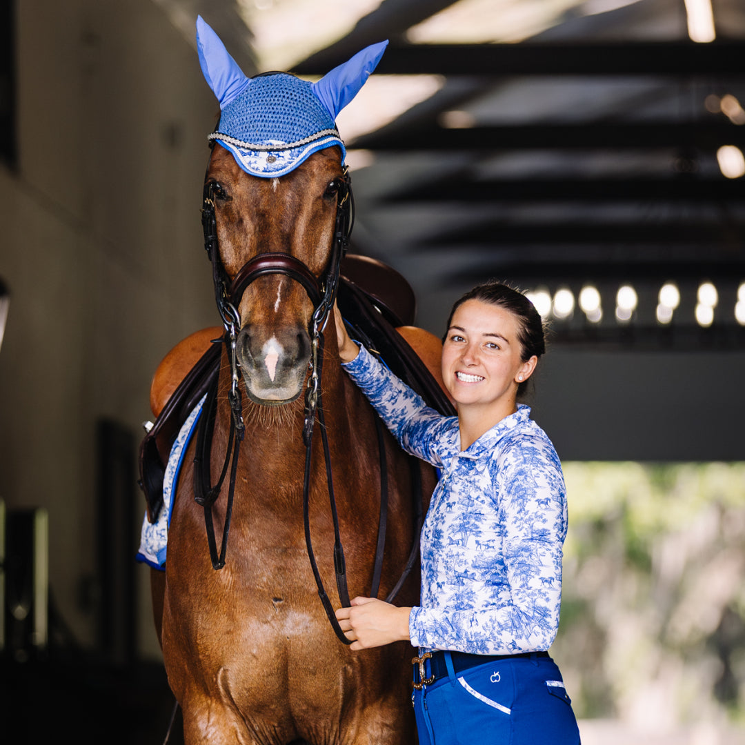 Dapplebay Equestrian Toile 1/4 Zip Light Riding Top - Long Sleeve-Blue/White