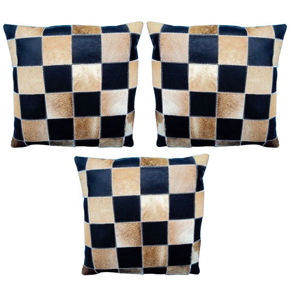 Set Of 3 Smooth Leather Patchwork Cushion Pillow Cover 16 X 16