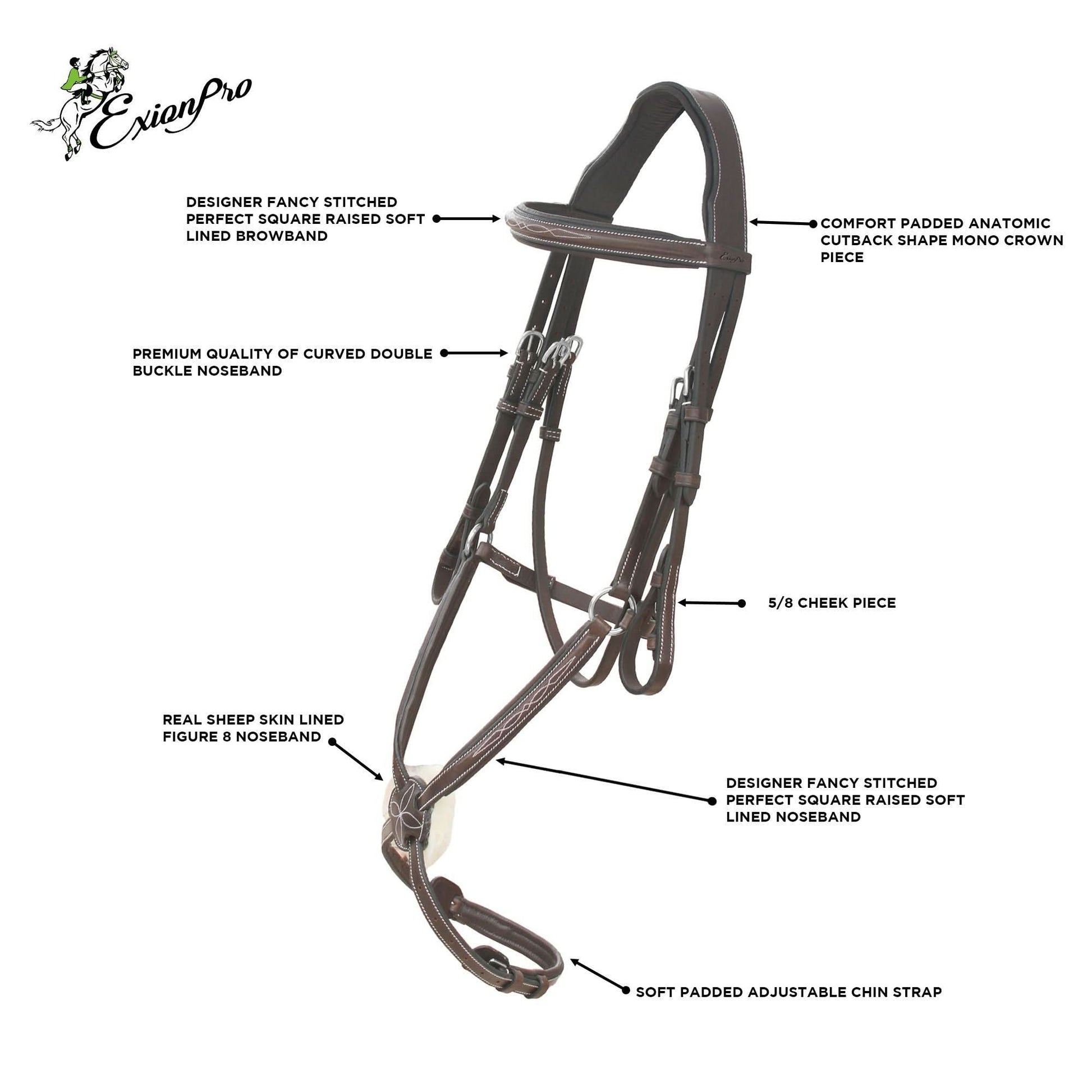 ExionPro Designer Fancy Stitched Figure 8 English Bridle With Rubber Reins