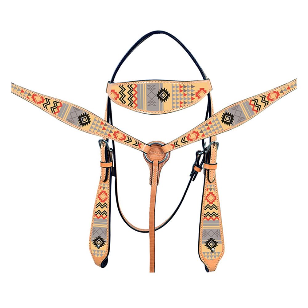 HILASON Western Horse Leather Headstall & Breast Collar Tack Set Crimson Aztec