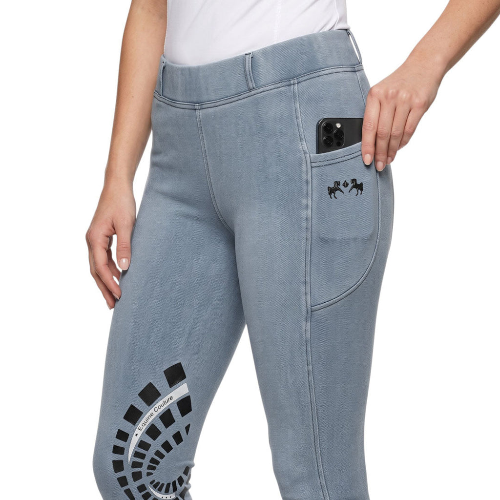 Equine Couture Ladies Denim Silicon Knee Patch Tights with Phone Pocket