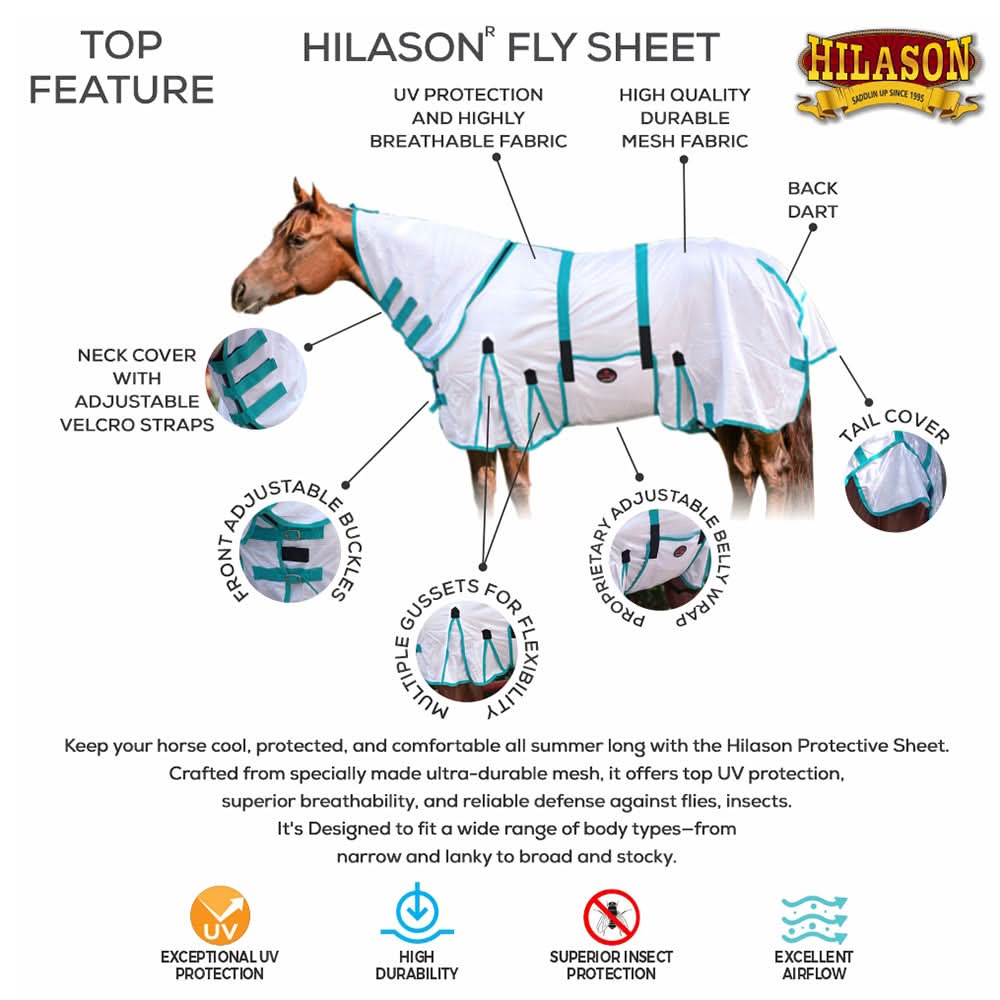 69 In - 84 In Hilason Horse Fly Sheet Uv Protect Mesh Bug Mosquito Summer White Turquoise